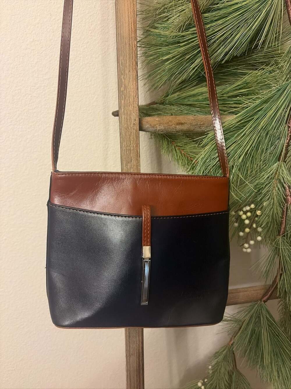 Vera Pelle Two-Tone Navy and Brown Leather Crossbody Bag Made in Italy